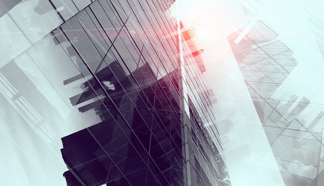 Double exposure of business city and infographs. Mixed media