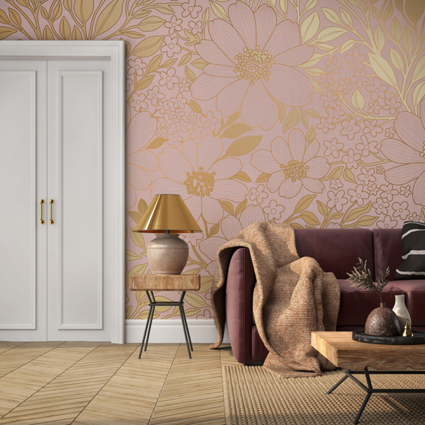 Fototapeten Goldene Blüten auf rosa Hintergrund