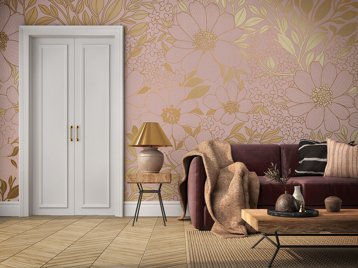 Fototapeten Goldene Blüten auf rosa Hintergrund