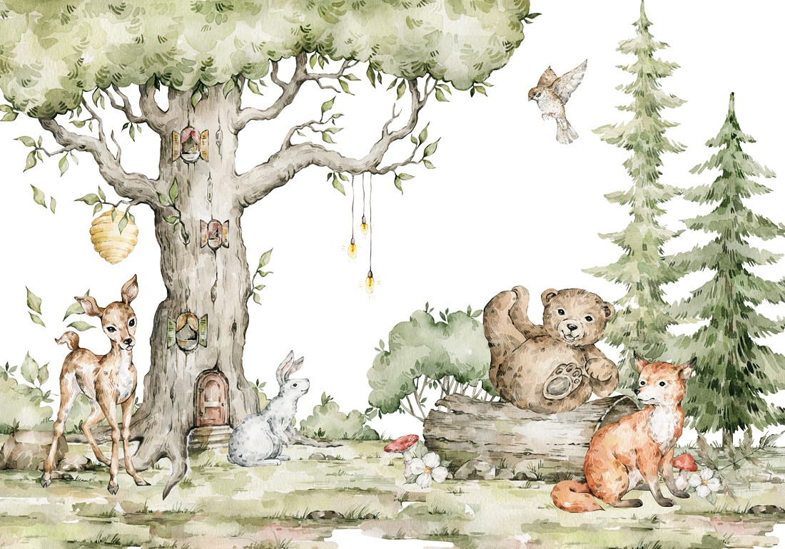 Watercolor,Composition,With,Forest,Animals,And,Natural,Elements.,Deer,,Fox,
